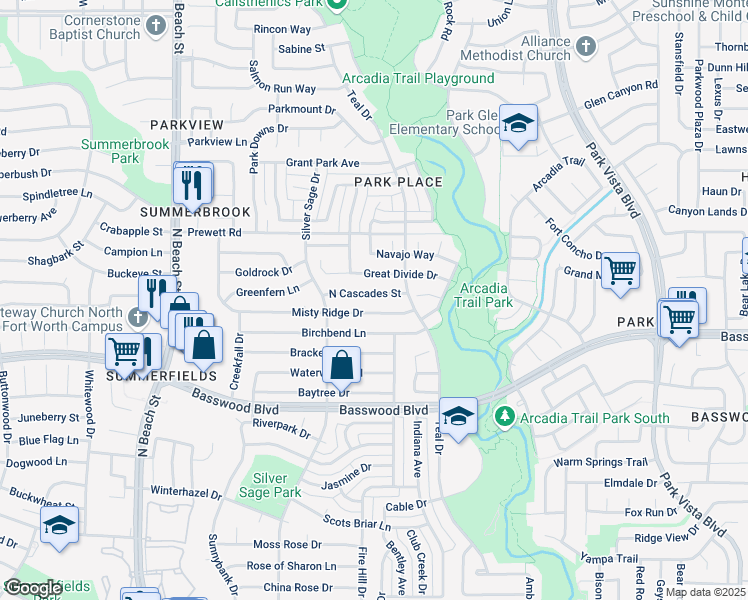 map of restaurants, bars, coffee shops, grocery stores, and more near 4752 North Cascades Street in Fort Worth