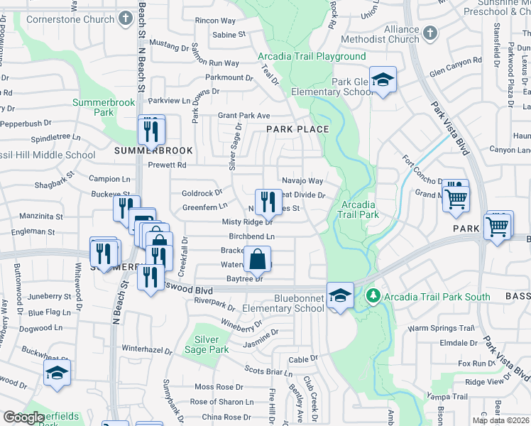 map of restaurants, bars, coffee shops, grocery stores, and more near 4728 Misty Ridge Drive in Fort Worth