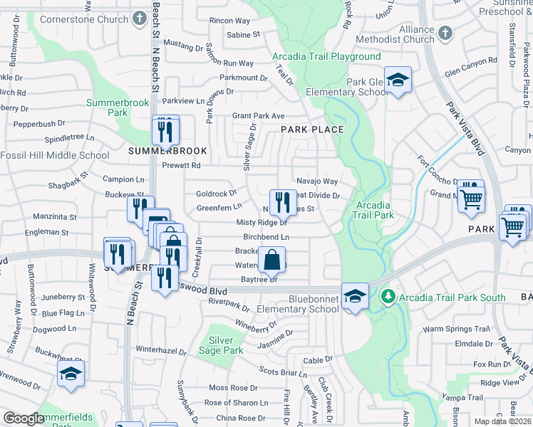 map of restaurants, bars, coffee shops, grocery stores, and more near 4720 North Cascades Street in Fort Worth