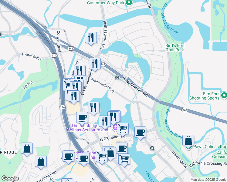 map of restaurants, bars, coffee shops, grocery stores, and more near Promenade Parkway in Irving