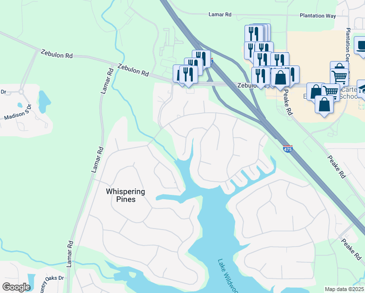 map of restaurants, bars, coffee shops, grocery stores, and more near 1157 Sandy Beach Drive in Macon