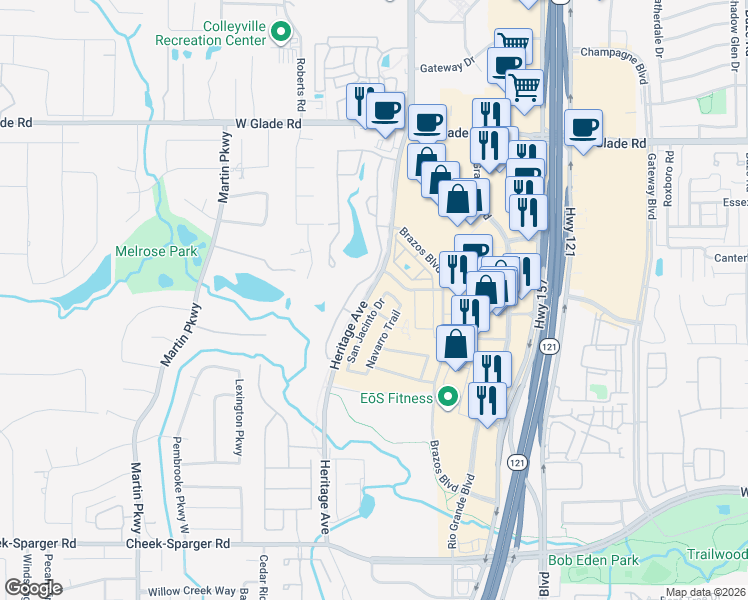 map of restaurants, bars, coffee shops, grocery stores, and more near 2705 San Jacinto Drive in Euless