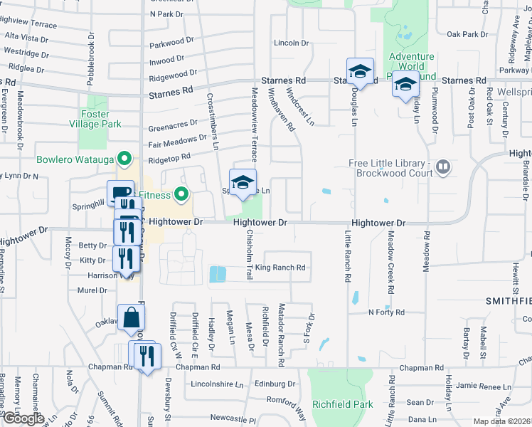 map of restaurants, bars, coffee shops, grocery stores, and more near 7008 Green Ridge Trail in North Richland Hills
