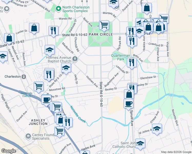 map of restaurants, bars, coffee shops, grocery stores, and more near 4502 Overbrook Avenue in North Charleston