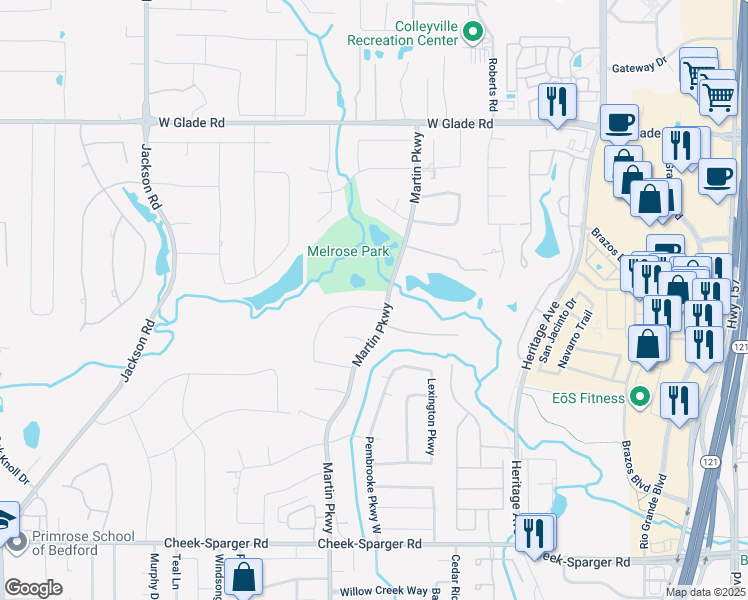 map of restaurants, bars, coffee shops, grocery stores, and more near 4410 Eaton Circle in Colleyville