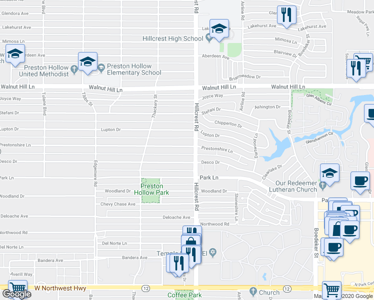 map of restaurants, bars, coffee shops, grocery stores, and more near 6830 Prestonshire Lane in Dallas