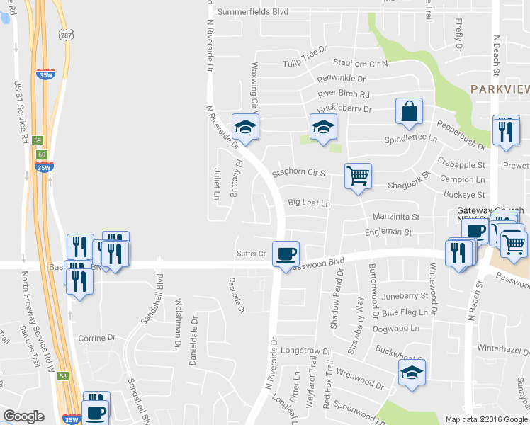 map of restaurants, bars, coffee shops, grocery stores, and more near 7409 Crosswicks Circle in Fort Worth