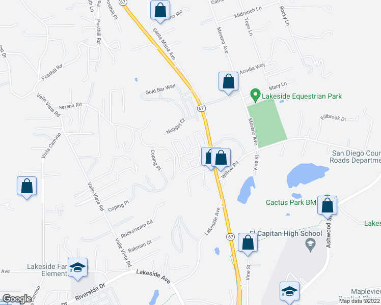 map of restaurants, bars, coffee shops, grocery stores, and more near 10880 California 67 in Lakeside