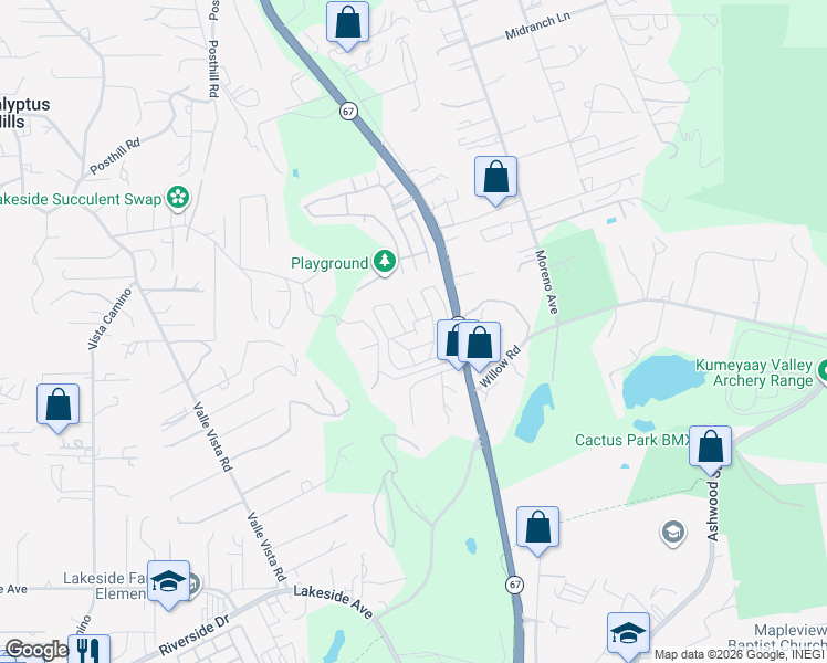 map of restaurants, bars, coffee shops, grocery stores, and more near 10880 California 67 in Lakeside