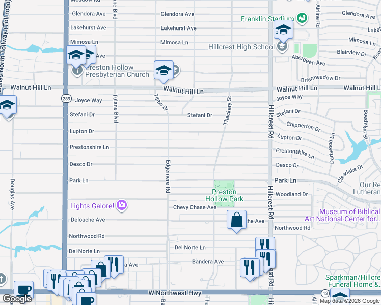 map of restaurants, bars, coffee shops, grocery stores, and more near 6446 Prestonshire Lane in Dallas
