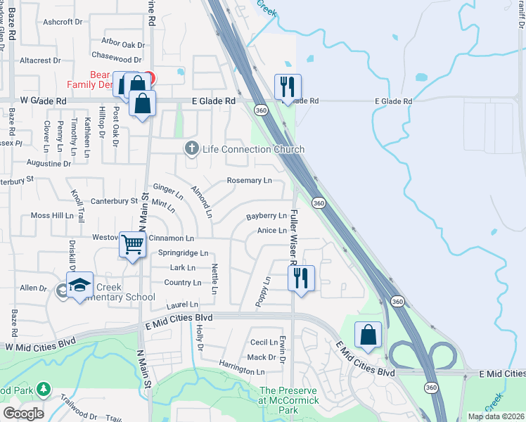 map of restaurants, bars, coffee shops, grocery stores, and more near 503 Bayberry Lane in Euless