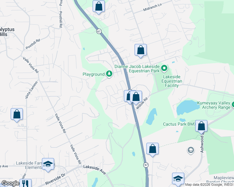 map of restaurants, bars, coffee shops, grocery stores, and more near 10880 California 67 in Lakeside