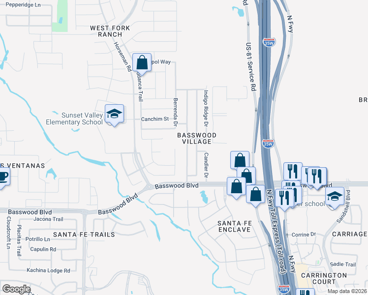 map of restaurants, bars, coffee shops, grocery stores, and more near 7525 Almondale Drive in Fort Worth