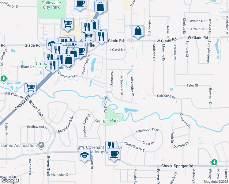 map of restaurants, bars, coffee shops, grocery stores, and more near 1104 Somerset Boulevard in Colleyville