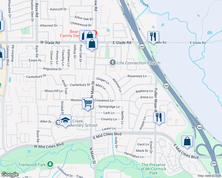 map of restaurants, bars, coffee shops, grocery stores, and more near 212 Ginger Lane in Euless