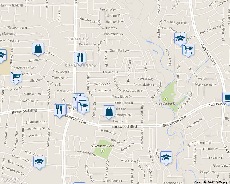 map of restaurants, bars, coffee shops, grocery stores, and more near 4665 Misty Ridge Drive in Fort Worth