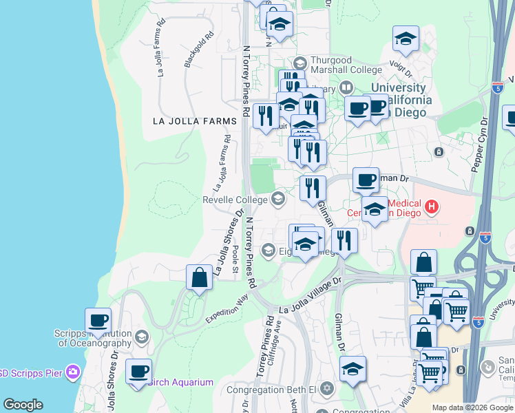 map of restaurants, bars, coffee shops, grocery stores, and more near South Scholars Drive in San Diego