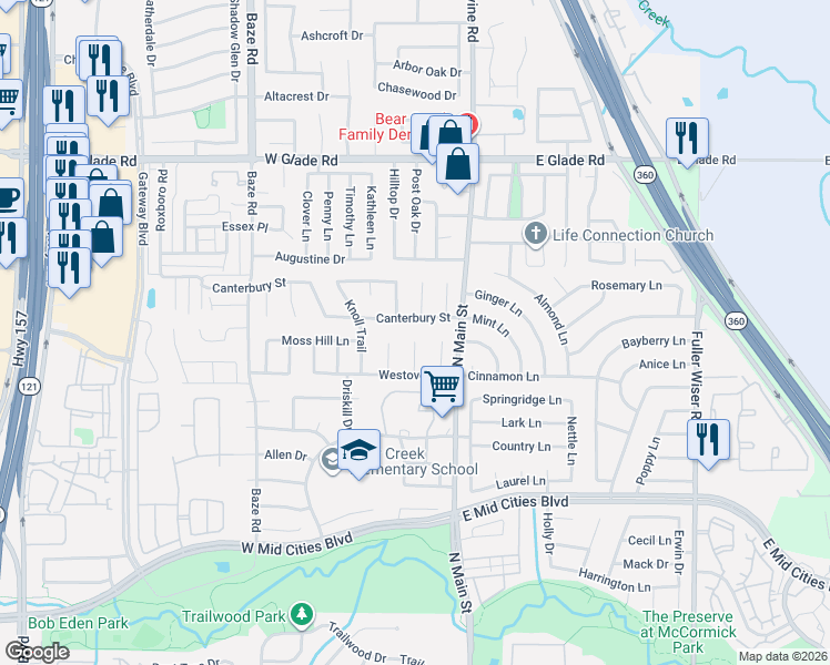 map of restaurants, bars, coffee shops, grocery stores, and more near 2614 Sprucewood Lane in Euless