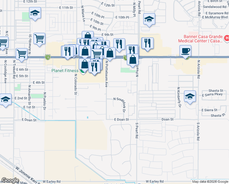 map of restaurants, bars, coffee shops, grocery stores, and more near 340 North Pottebaum Road in Casa Grande