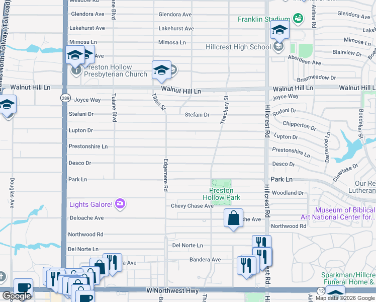 map of restaurants, bars, coffee shops, grocery stores, and more near 6446 Prestonshire Lane in Dallas