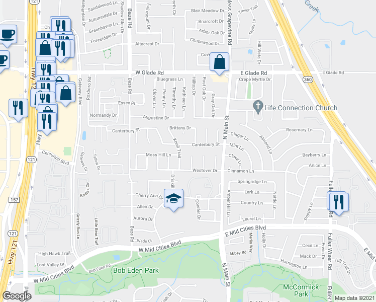 map of restaurants, bars, coffee shops, grocery stores, and more near 2613 Jenny Lane in Euless