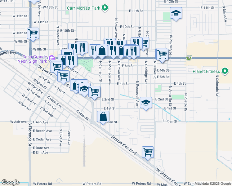 map of restaurants, bars, coffee shops, grocery stores, and more near 217 North Brown Avenue in Casa Grande