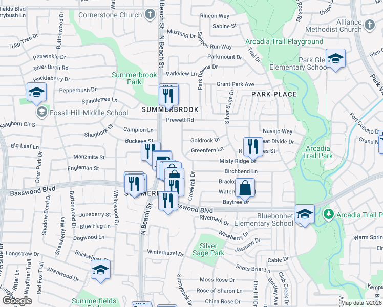map of restaurants, bars, coffee shops, grocery stores, and more near 4608 Greenfern Ln in Fort Worth