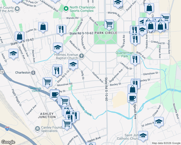 map of restaurants, bars, coffee shops, grocery stores, and more near 4505 Holmes Avenue in North Charleston