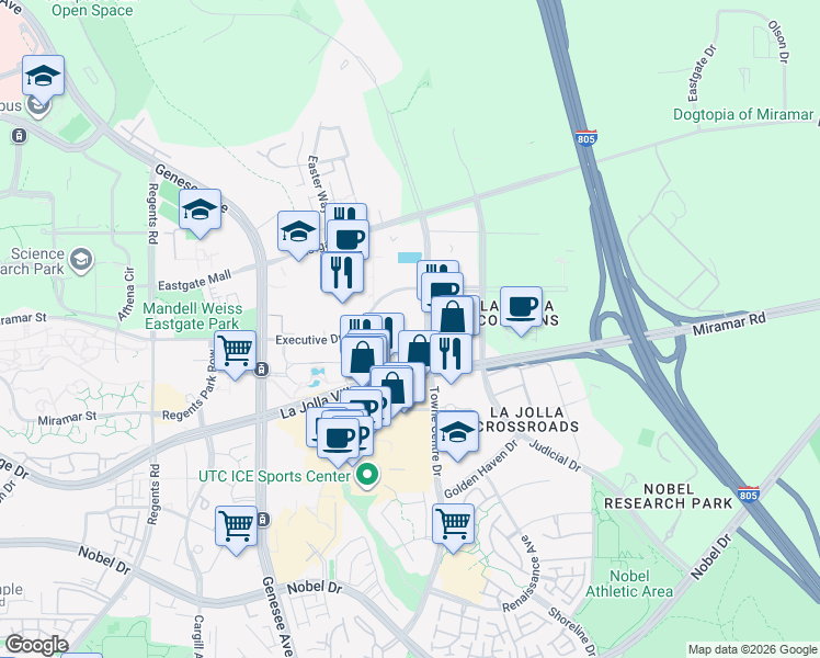 map of restaurants, bars, coffee shops, grocery stores, and more near 9260 Towne Centre Drive in San Diego