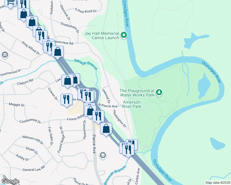 map of restaurants, bars, coffee shops, grocery stores, and more near 2655 Riverview Road in Macon