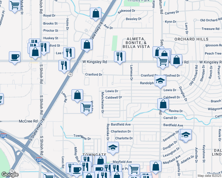 map of restaurants, bars, coffee shops, grocery stores, and more near 1821 Lewis Drive in Garland