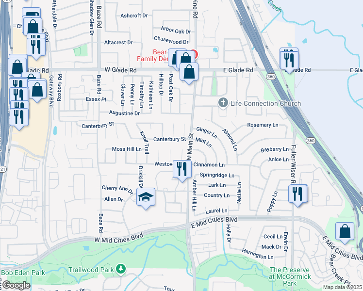 map of restaurants, bars, coffee shops, grocery stores, and more near 101 Canterbury Street in Euless