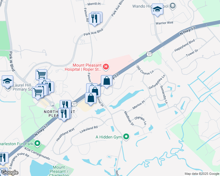 map of restaurants, bars, coffee shops, grocery stores, and more near 312 Legends Club Drive in Mount Pleasant