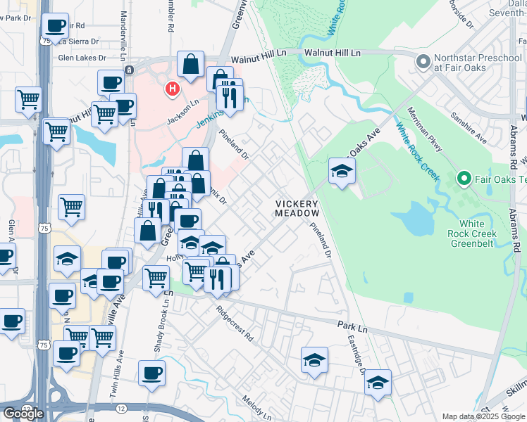 map of restaurants, bars, coffee shops, grocery stores, and more near 7225 Fair Oaks Avenue in Dallas