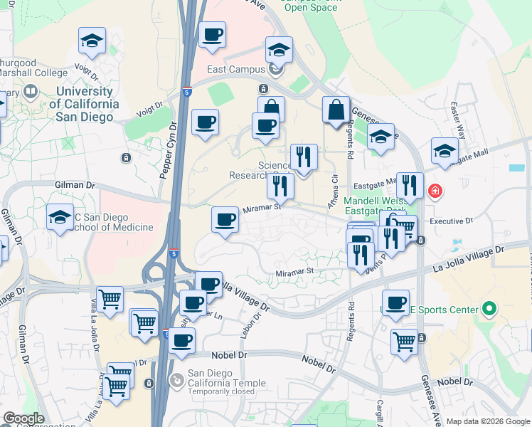 map of restaurants, bars, coffee shops, grocery stores, and more near 3819 La Jolla Village Drive in San Diego