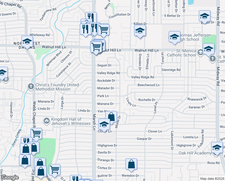 map of restaurants, bars, coffee shops, grocery stores, and more near 3762 Matador Drive in Dallas