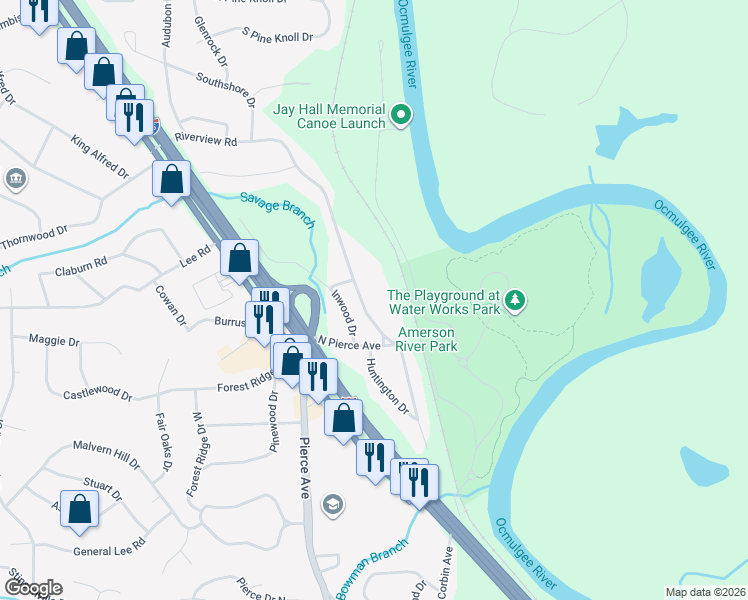 map of restaurants, bars, coffee shops, grocery stores, and more near 2655 Riverview Road in Macon