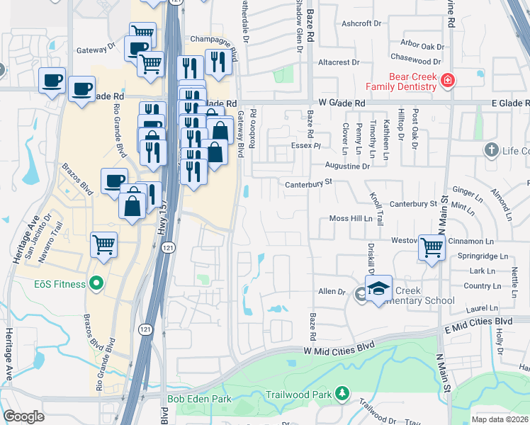 map of restaurants, bars, coffee shops, grocery stores, and more near 2618 Tallow Dr in Euless
