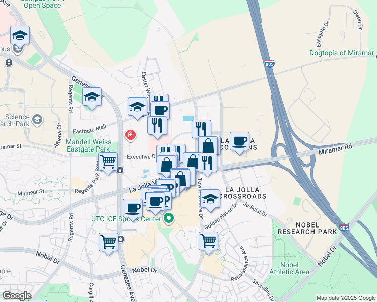 map of restaurants, bars, coffee shops, grocery stores, and more near 9260 Towne Centre Drive in San Diego