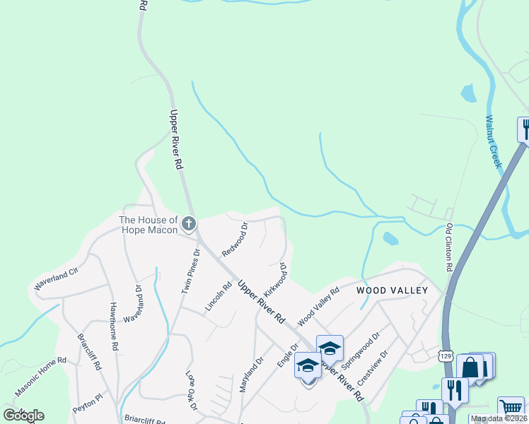 map of restaurants, bars, coffee shops, grocery stores, and more near 1837 Flintwood Drive in Macon