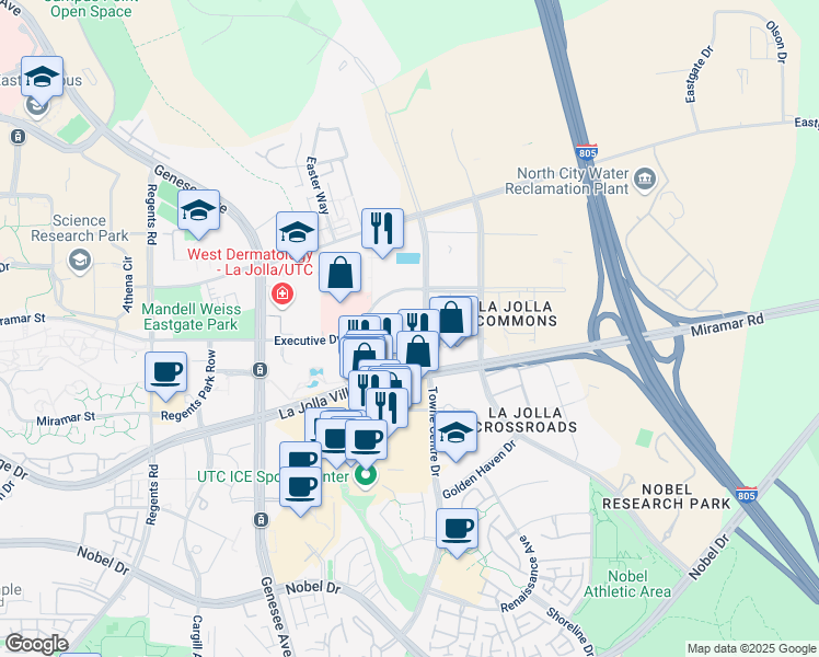 map of restaurants, bars, coffee shops, grocery stores, and more near 9270 Towne Centre Drive in San Diego