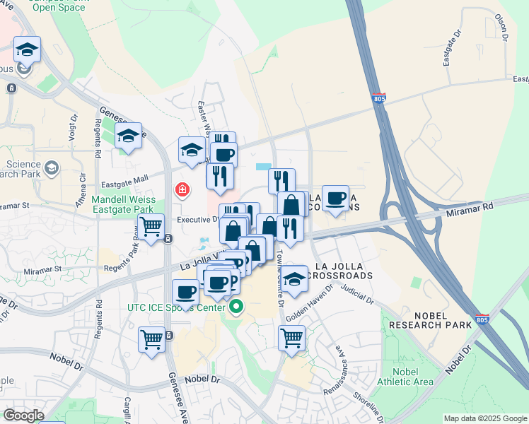 map of restaurants, bars, coffee shops, grocery stores, and more near 9260 Towne Centre Drive in San Diego