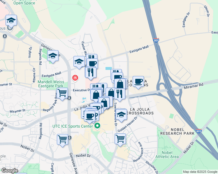 map of restaurants, bars, coffee shops, grocery stores, and more near 9260 Towne Centre Drive in San Diego
