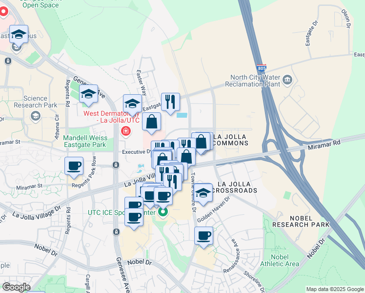 map of restaurants, bars, coffee shops, grocery stores, and more near 9260 Towne Centre Drive in San Diego
