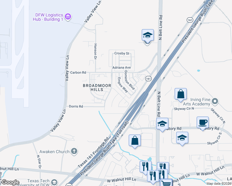 map of restaurants, bars, coffee shops, grocery stores, and more near 4901 Longwood Court in Irving