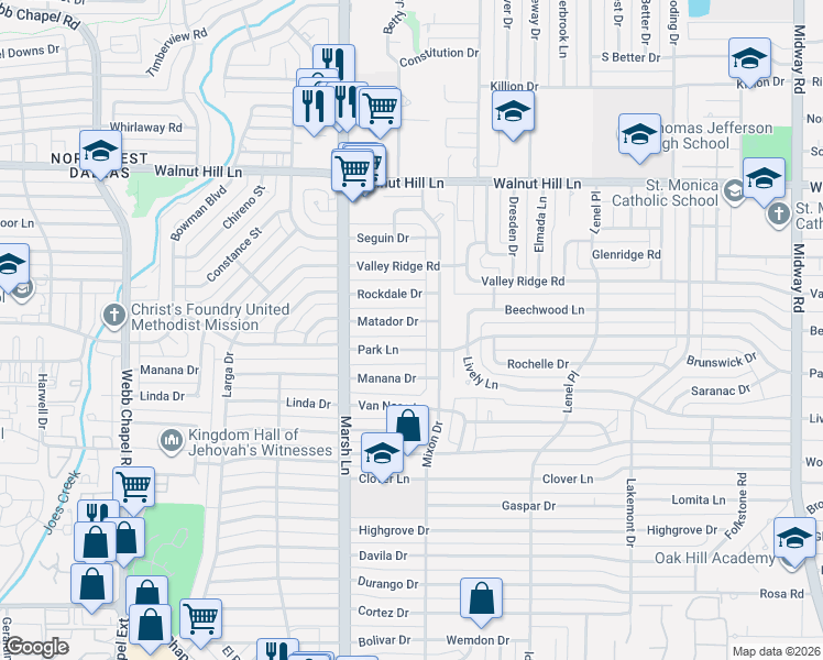 map of restaurants, bars, coffee shops, grocery stores, and more near 3762 Matador Drive in Dallas