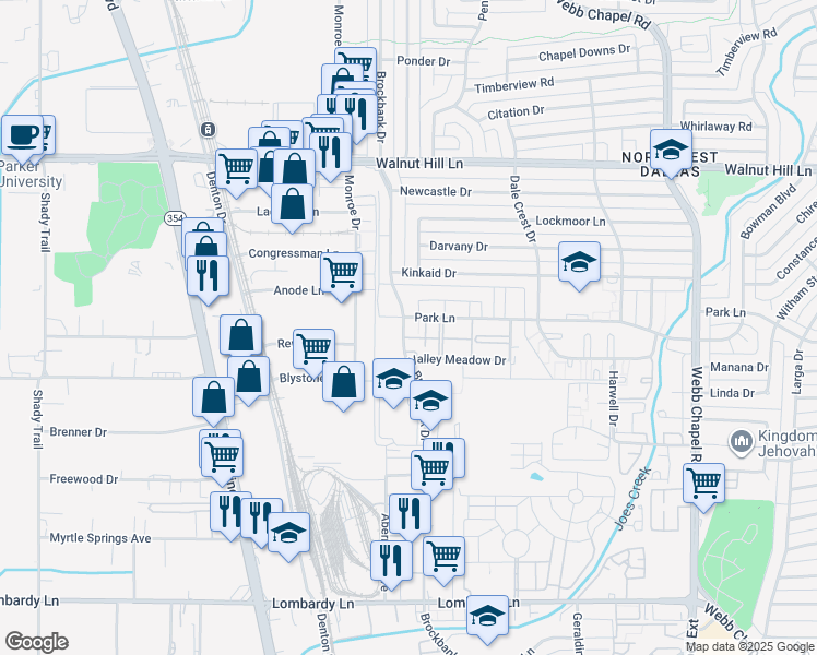 map of restaurants, bars, coffee shops, grocery stores, and more near 9866G Brockbank Drive in Dallas