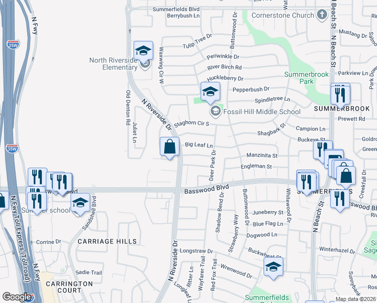 map of restaurants, bars, coffee shops, grocery stores, and more near 3709 Lightland Road in Fort Worth