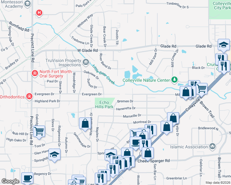 map of restaurants, bars, coffee shops, grocery stores, and more near 408 Evergreen Drive in Hurst