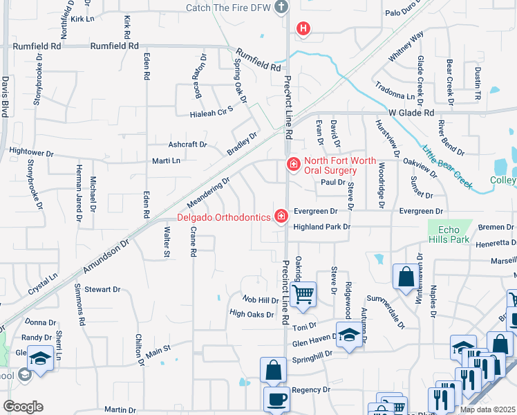 map of restaurants, bars, coffee shops, grocery stores, and more near 7008 Spanish Oaks Drive in North Richland Hills